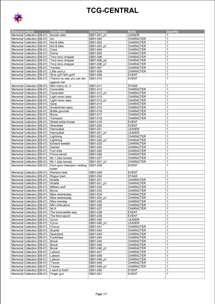 Export collection TCG-CENTRAL