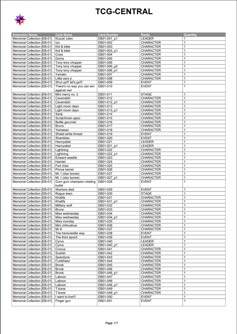 Export collection TCG-CENTRAL